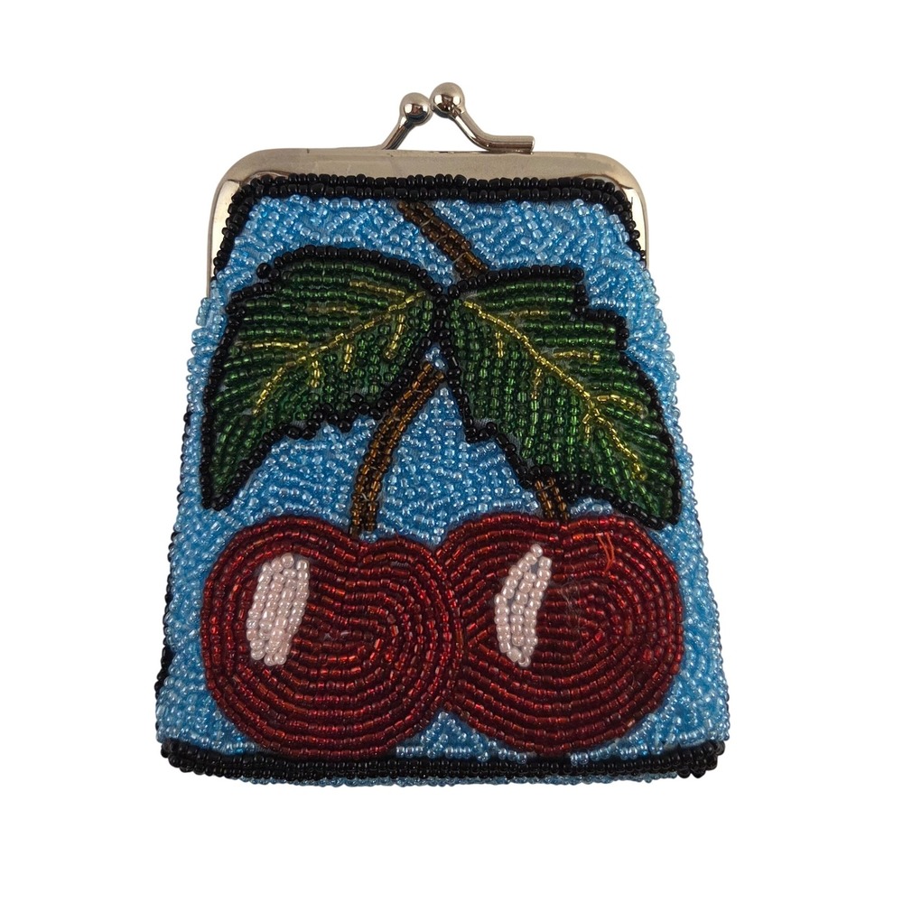 Barse Beaded Cherry Coin Purse, Blue + Red, Kiss Lock, Cute Kawaii, Retro, Fruit